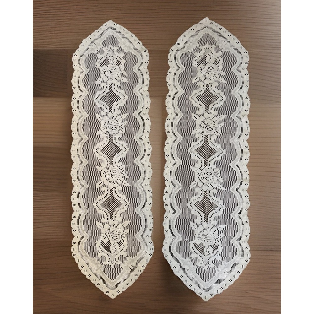 Vtg Eyelet Floral Table Runners  Embroidered Cotton 42"X12" White
